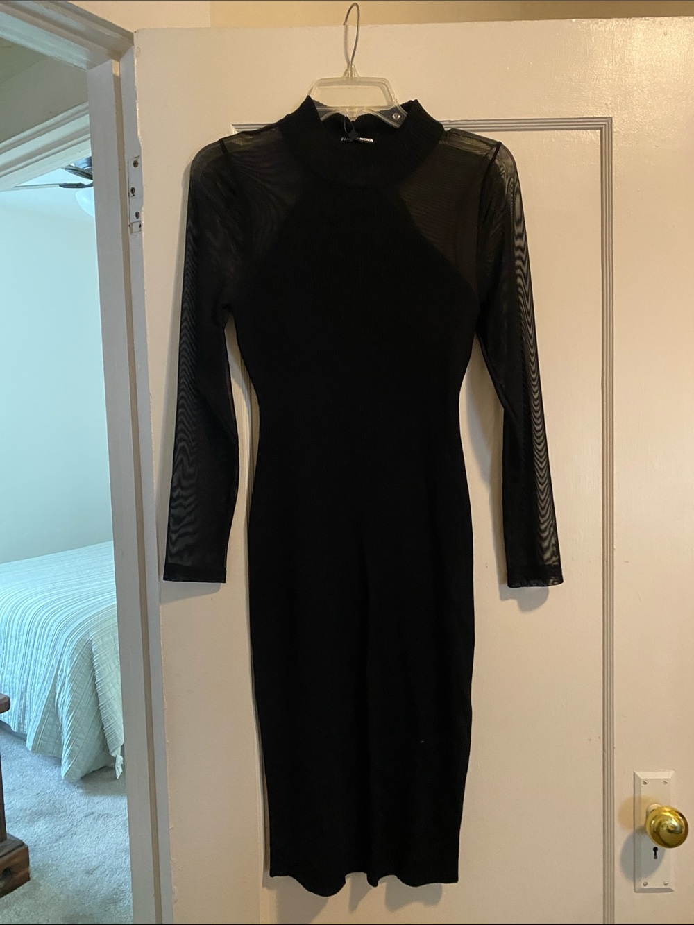 Fashion Nova Black Sheer-Sleeve Midi Dress